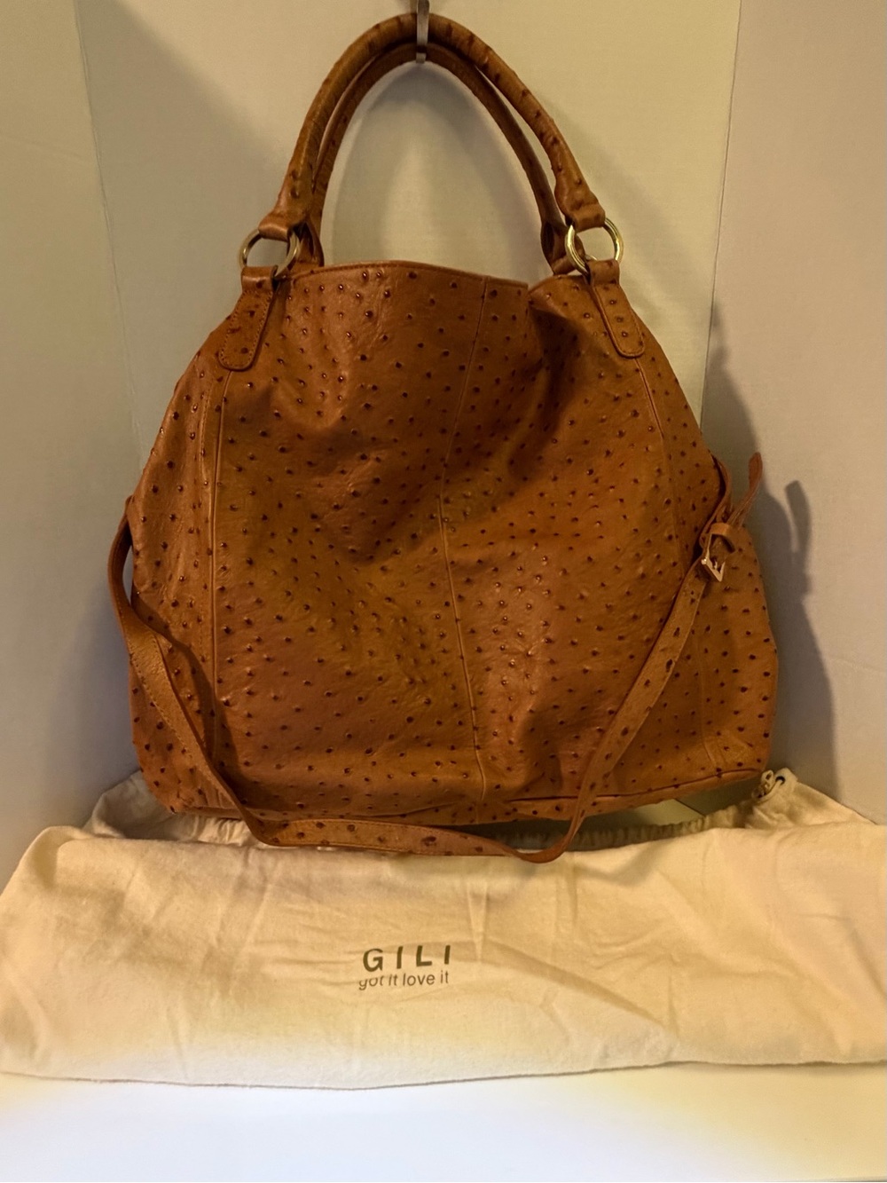 G.I.L.I. Cognac Ostrich-Embossed Leather Shoulder Tote NWOT